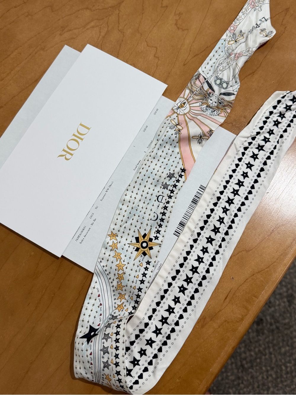 Authentic Dior Star-Print Silk Twilly in White, Pink and Gold